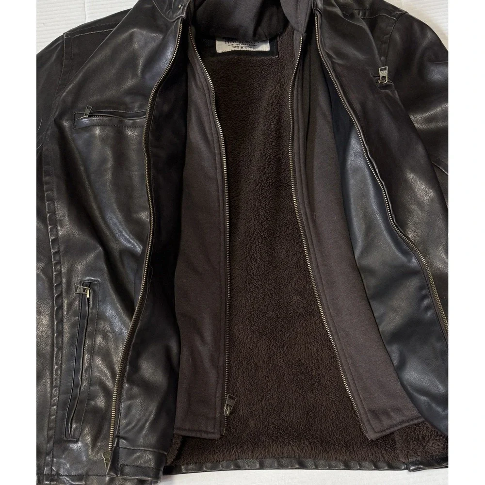 LEVI'S -‎ Mens Faux Leather Dark Brown Hooded Zip Jacket - Size Large*